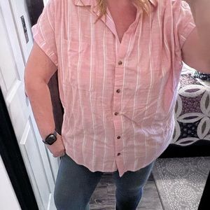 SO pink and white short sleeve button down blouse